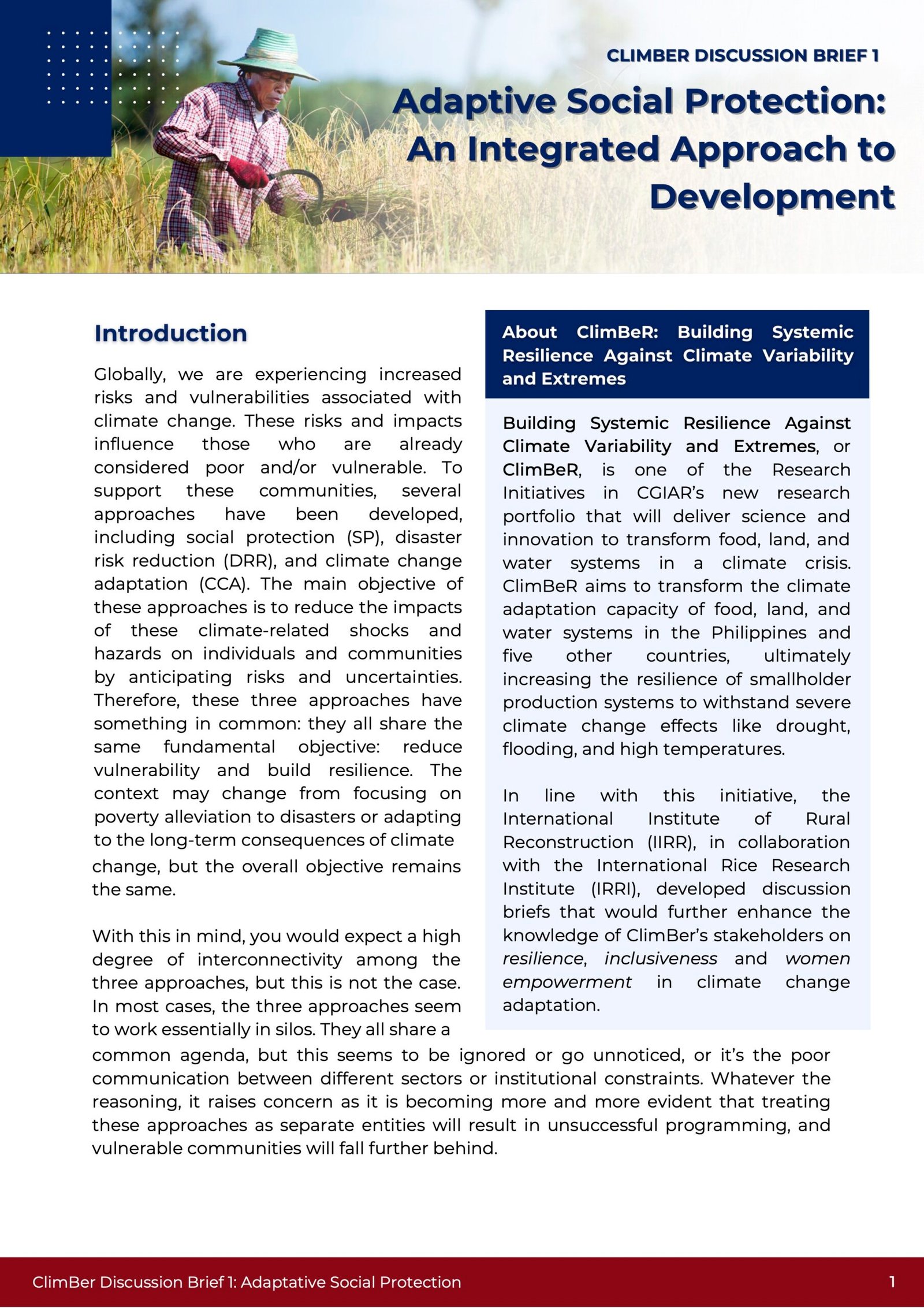 ClimBer Discussion Brief 1 Adaptative Social Protection