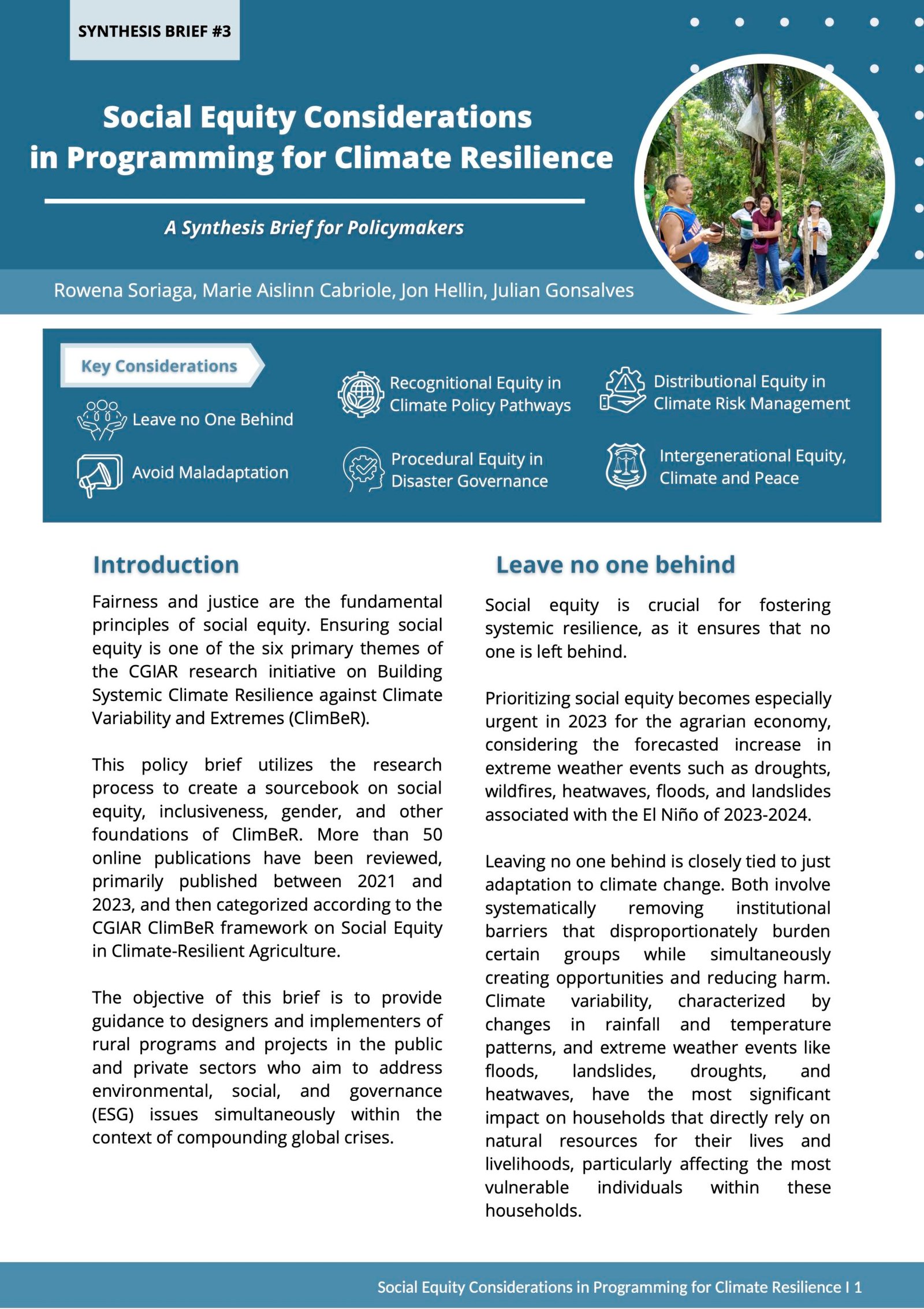 Synthesis brief #3 Social Equity Considerations in Programming for Climate Resilience